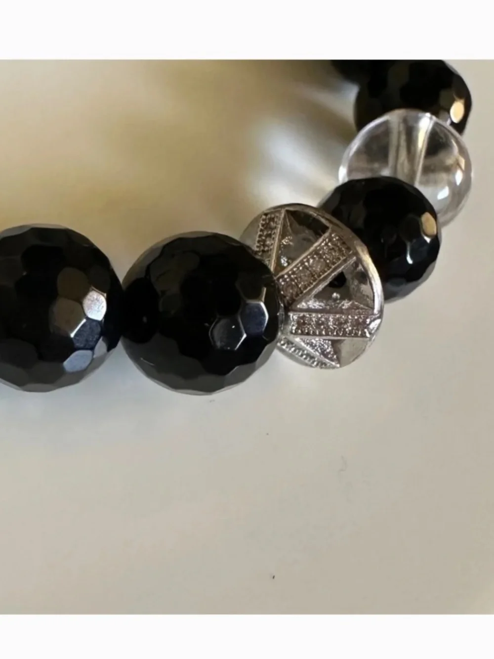 10mm Black Onyx Stretch Bracelet Silver Clear Quartz Pave Spacer